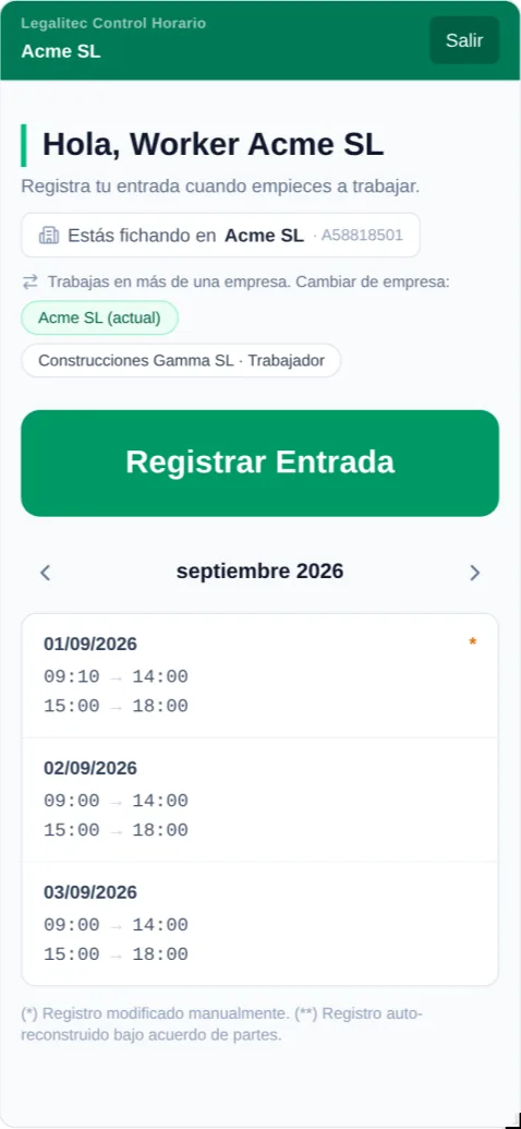 App de control horario: pantalla del trabajador con el botón Registrar Entrada