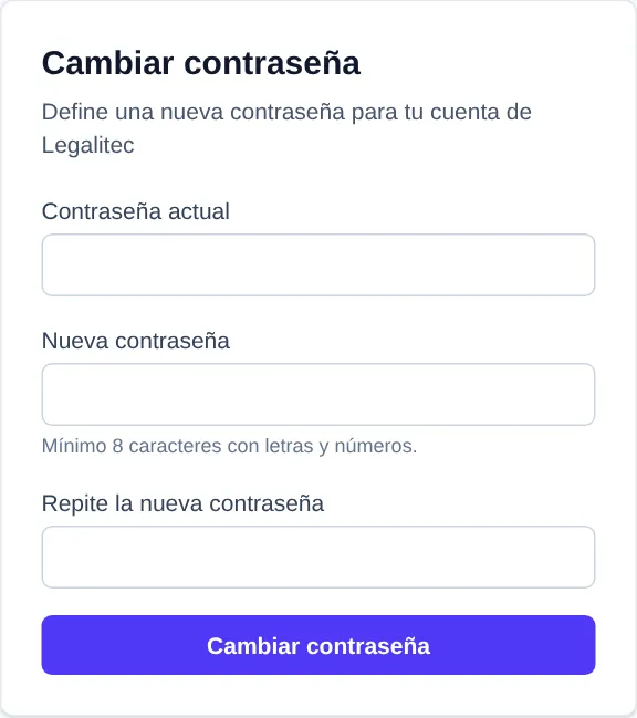 Primer acceso: cambia la contraseña (8 caracteres, letras y números).