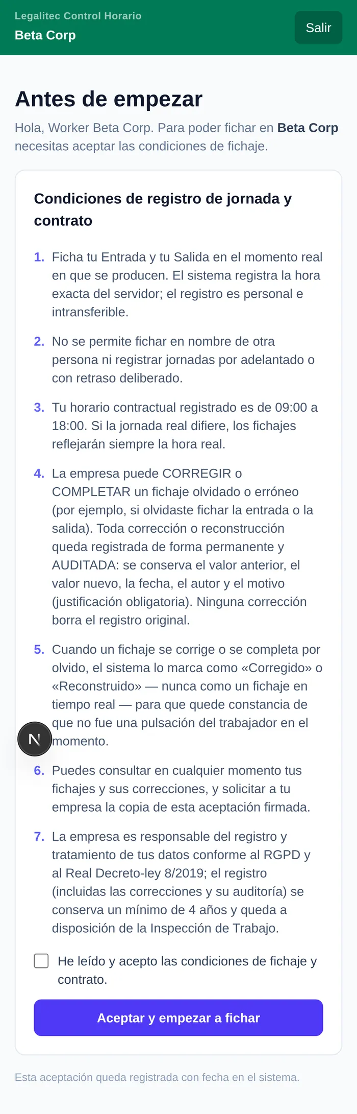 Condiciones de fichaje que el trabajador acepta en su primer acceso.