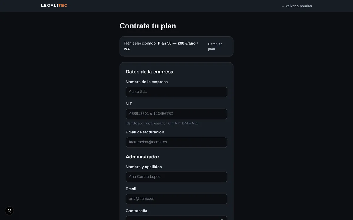 Alta autoservicio: datos de la empresa, del administrador y «Continuar al pago».