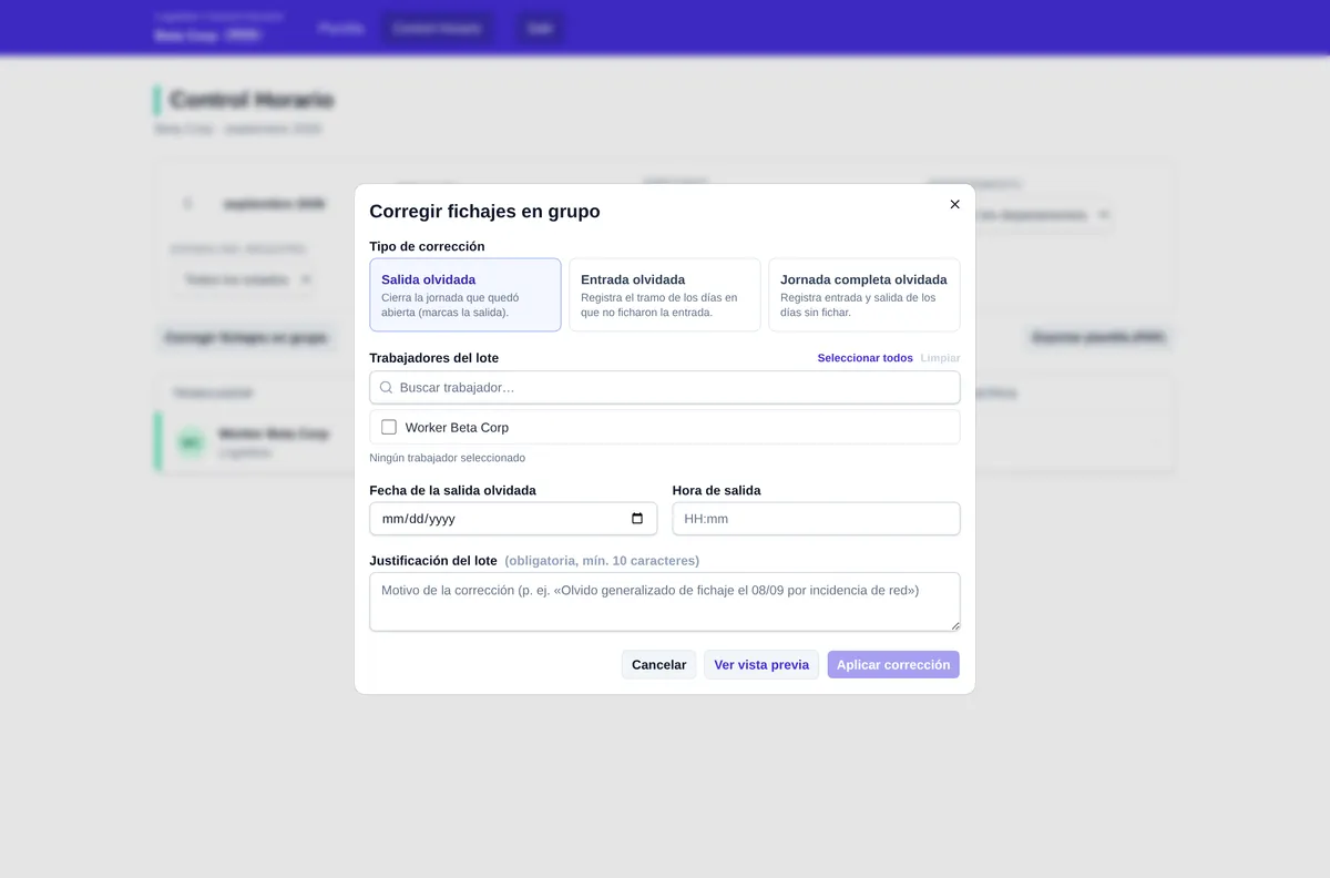 Corrección en grupo: trabajadores, tipo de corrección y vista previa.