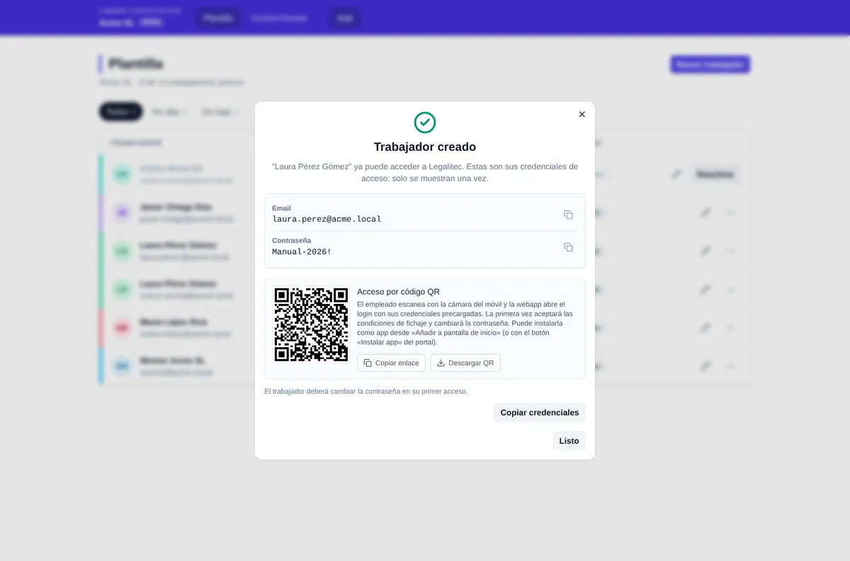 Credenciales de un solo uso y QR de acceso