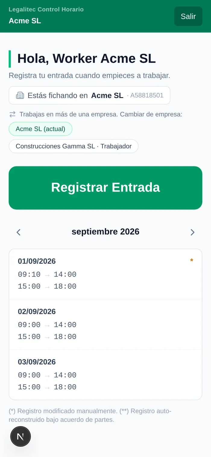 App del trabajador: botón para fichar la entrada