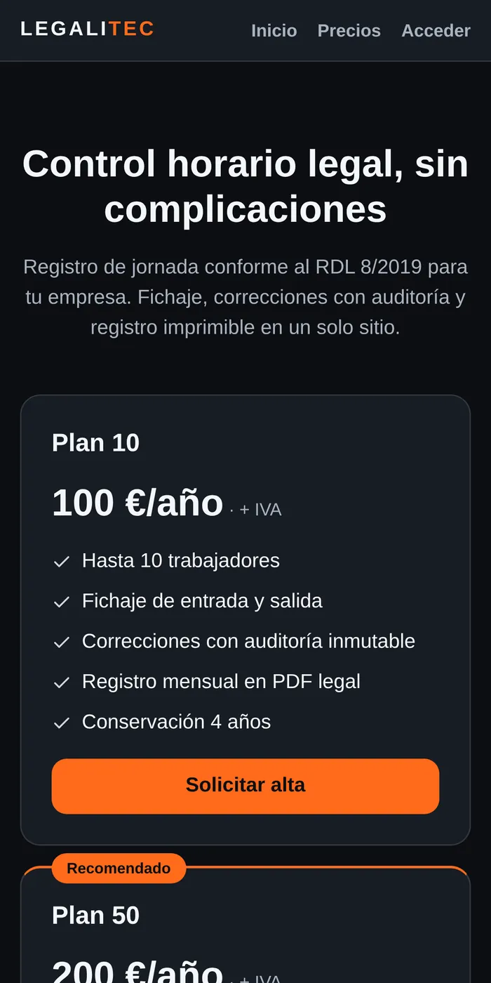 Planes y precios de la app en el móvil.