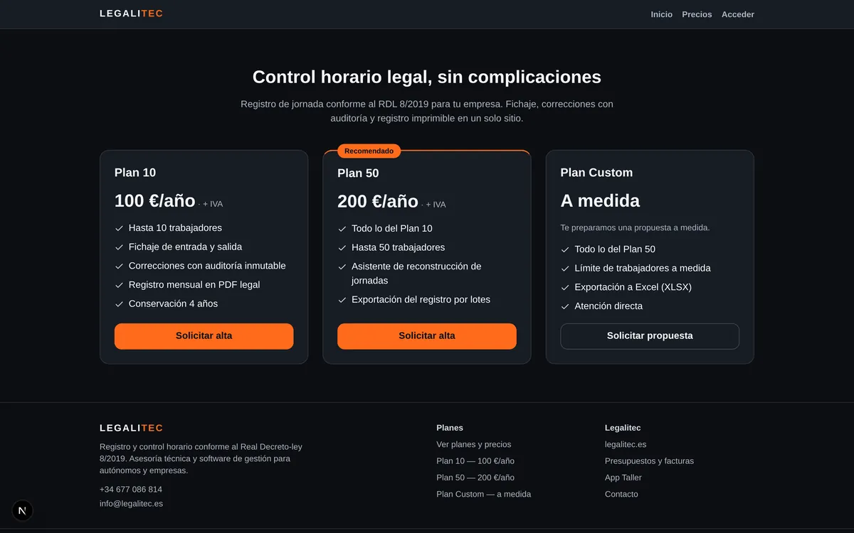 Planes de la app: Plan 10 (100 €/año), Plan 50 (200 €/año) recomendado y Plan Custom.