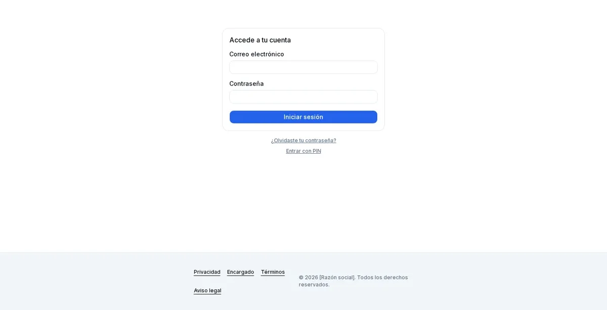 Inicio de sesión por correo y contraseña, con acceso por PIN para camareros.