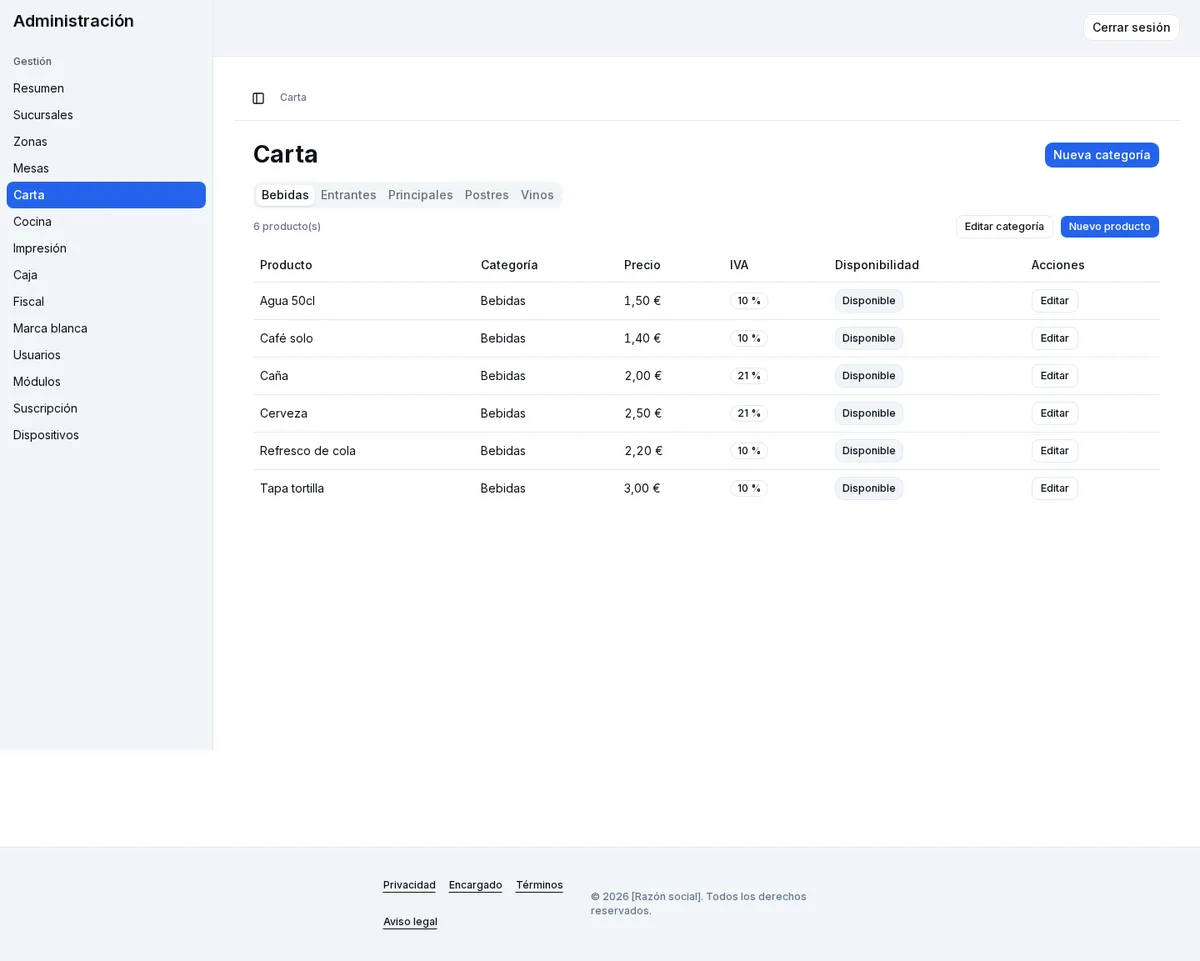 Carta: categorías, productos, precios con IVA y disponibilidad.