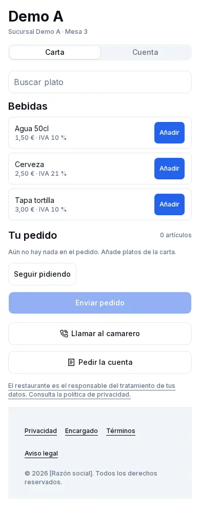 Carta pública del comensal: búsqueda, categorías y precios con IVA.