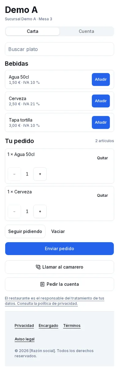 El pedido del comensal: líneas, notas y envío a cocina.
