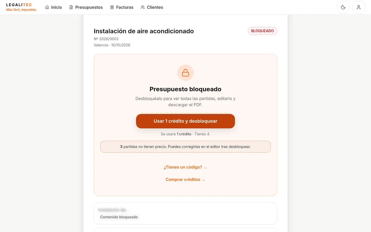 Presupuesto bloqueado: contenido difuminado e importes ocultos.