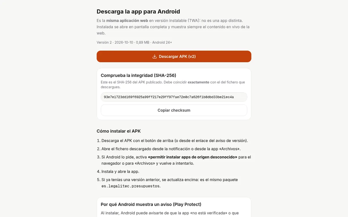 Página de descarga del APK de Android con instrucciones y checksum.