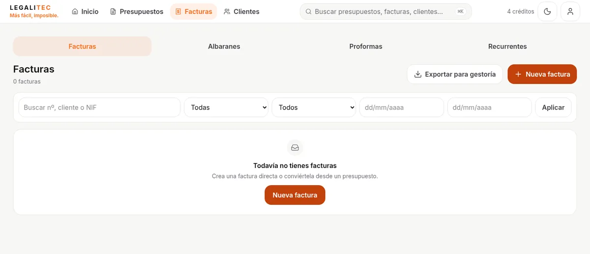 Mesa de Facturas con estados de cobro y numeración.