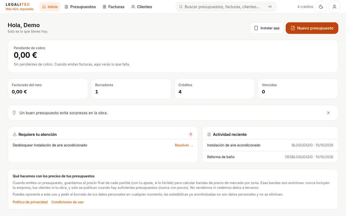 Inicio de la app: botón Nuevo presupuesto y tarjetas de resumen.