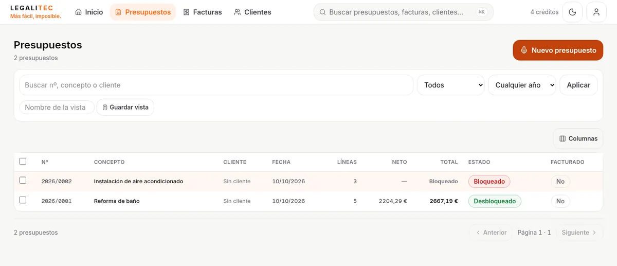 Mesa de Presupuestos con filtros y estados.