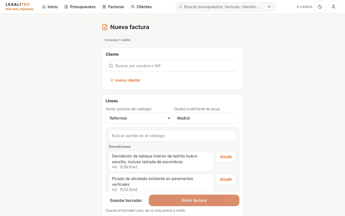Nueva factura: cliente, líneas, IVA/IRPF y totales.