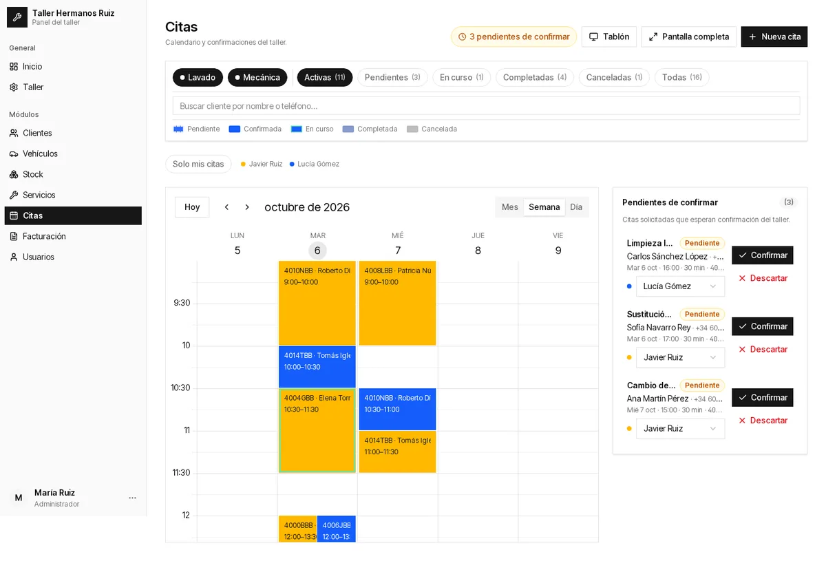 Agenda semanal: filtros, calendario y cola de pendientes de confirmar.