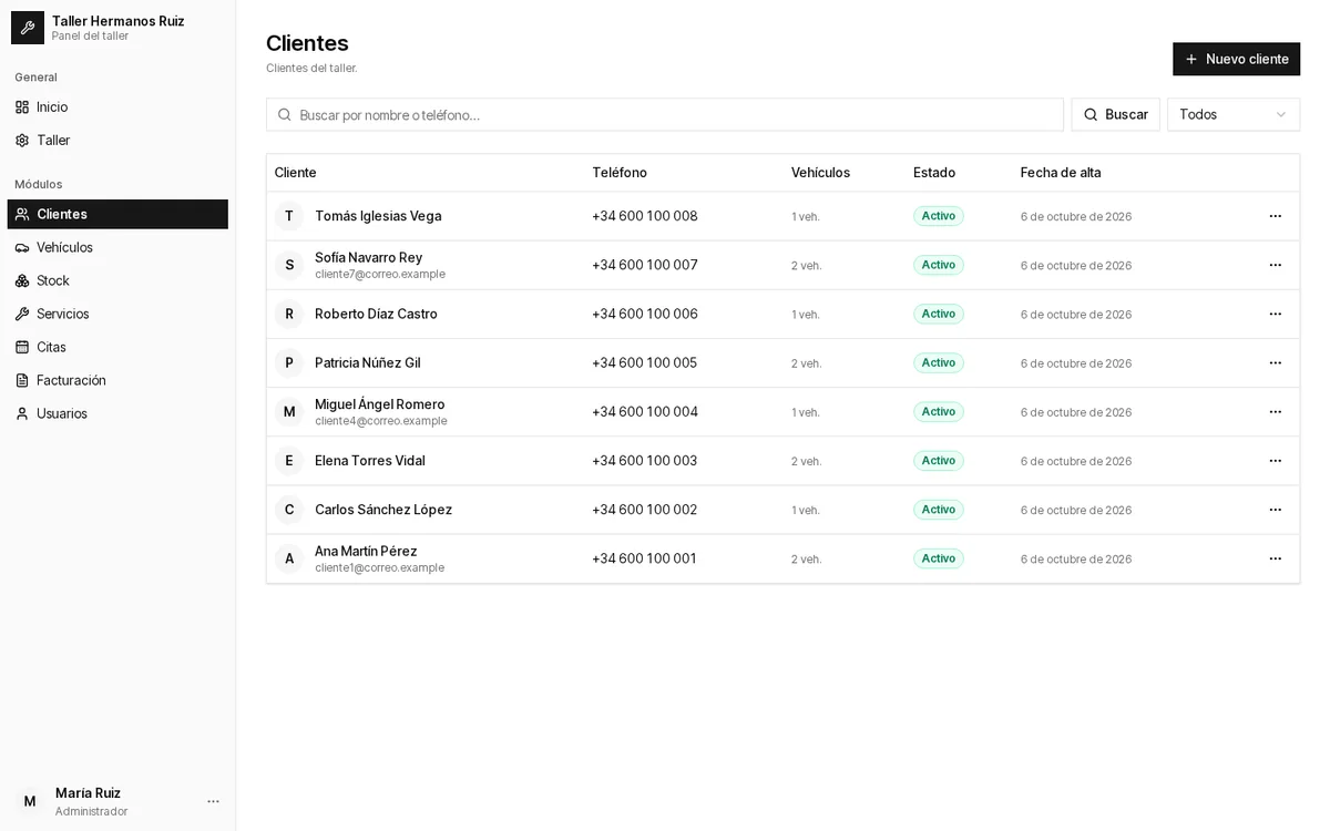 Listado de clientes: buscador, vehículos y fecha de alta.