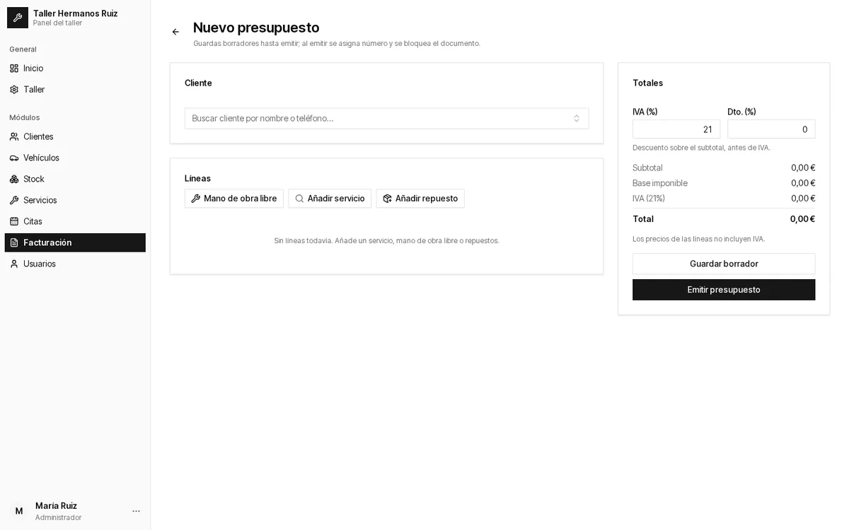Editor de documento: líneas, IVA, descuento y totales en tiempo real.