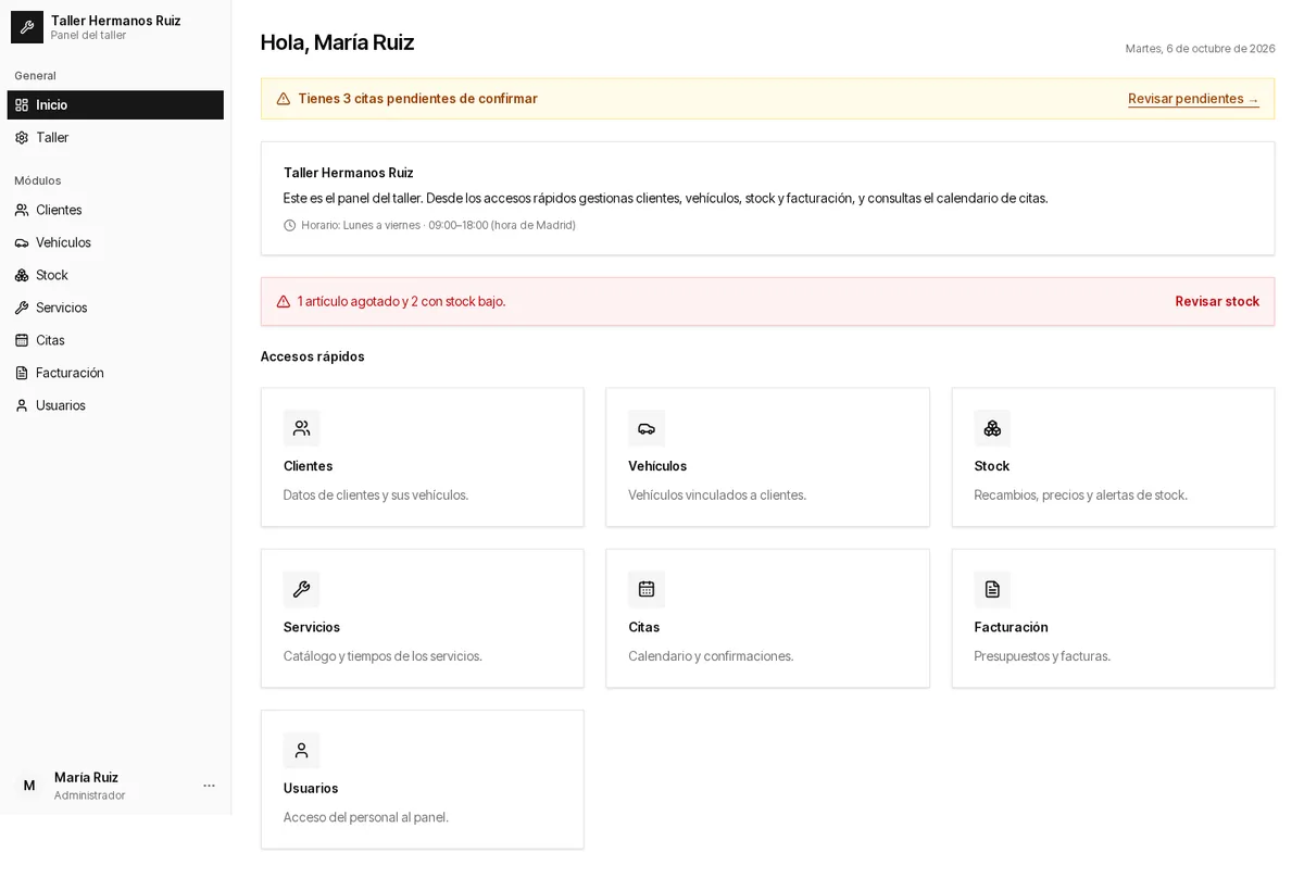 Inicio: avisos de citas pendientes y de stock, y accesos rápidos a cada módulo.