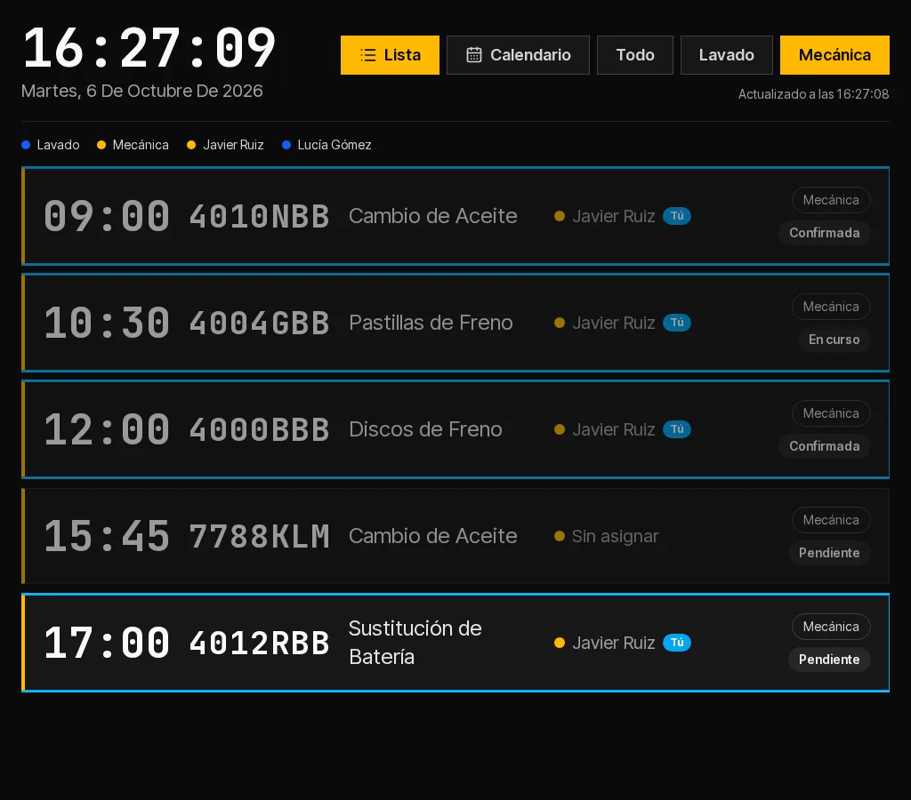 Tablón del día en el monitor: turnos, matrículas y la marca «Tú».