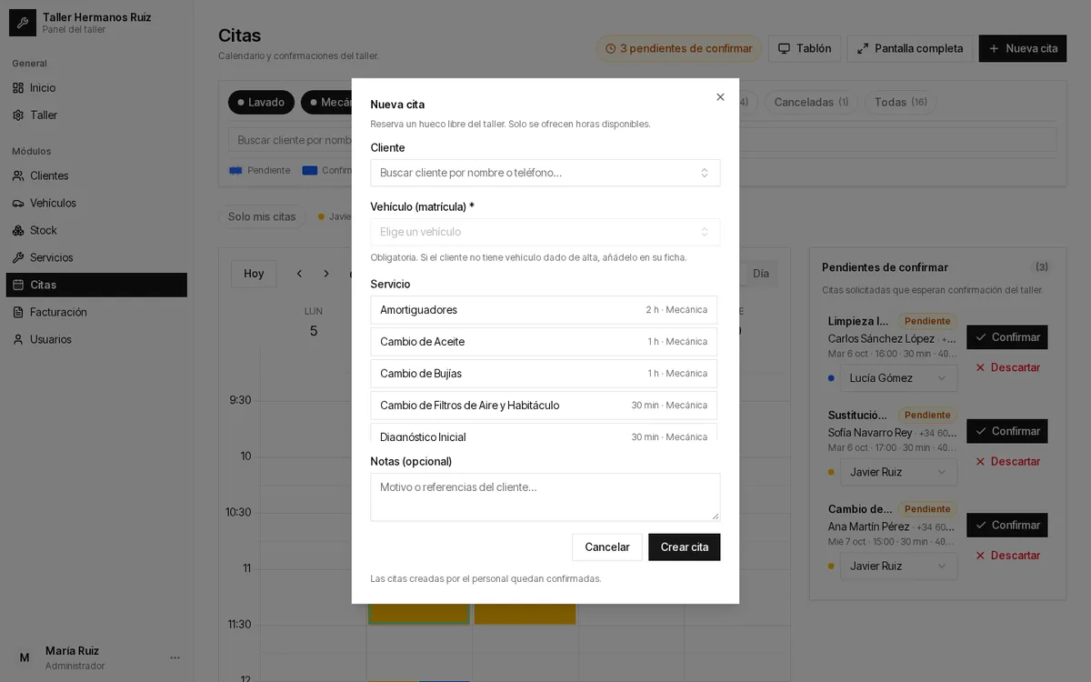 Alta manual de cita: cliente, vehículo, servicio, fecha y asignación.