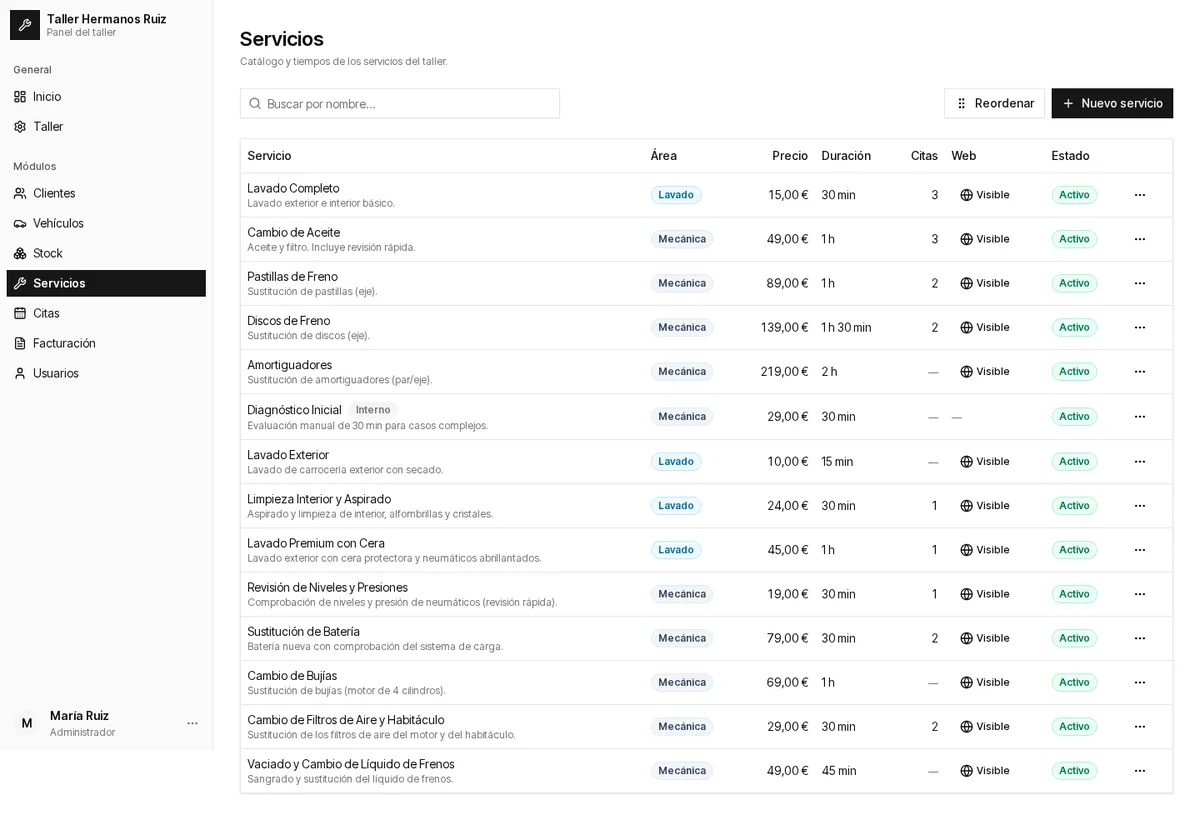 Catálogo de servicios: precio, duración, carril y visibilidad en la web.